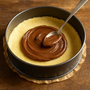 Žlica razmazuje Nutellu po podlozi od prhkog tijesta u kalupu – priprema Talijanske Sbriciolate s Nutellom