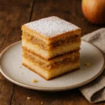Kolač s jabukama i grizom narezan na kocke, slojevi ribanih jabuka i griza, posut šećerom u prahu, tradicionalni starinski recept iz bakine kuhinje