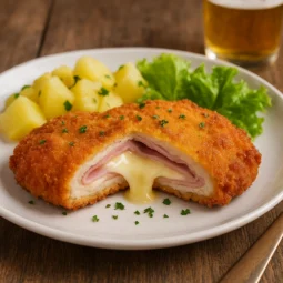 TOP 5 jela iz hrvatske kuhinje - Zagrebački odrezak recept – pohani odrezak punjen šunkom i sirom, prerezan na pola s otopljenim sirom i hrskavom zlatnom koricom