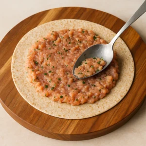Mazanje začinjene smjese od mljevene piletine sa svježim peršinom po integralnoj tortilji na drvenoj dasci, korak pripreme fit ražnjića