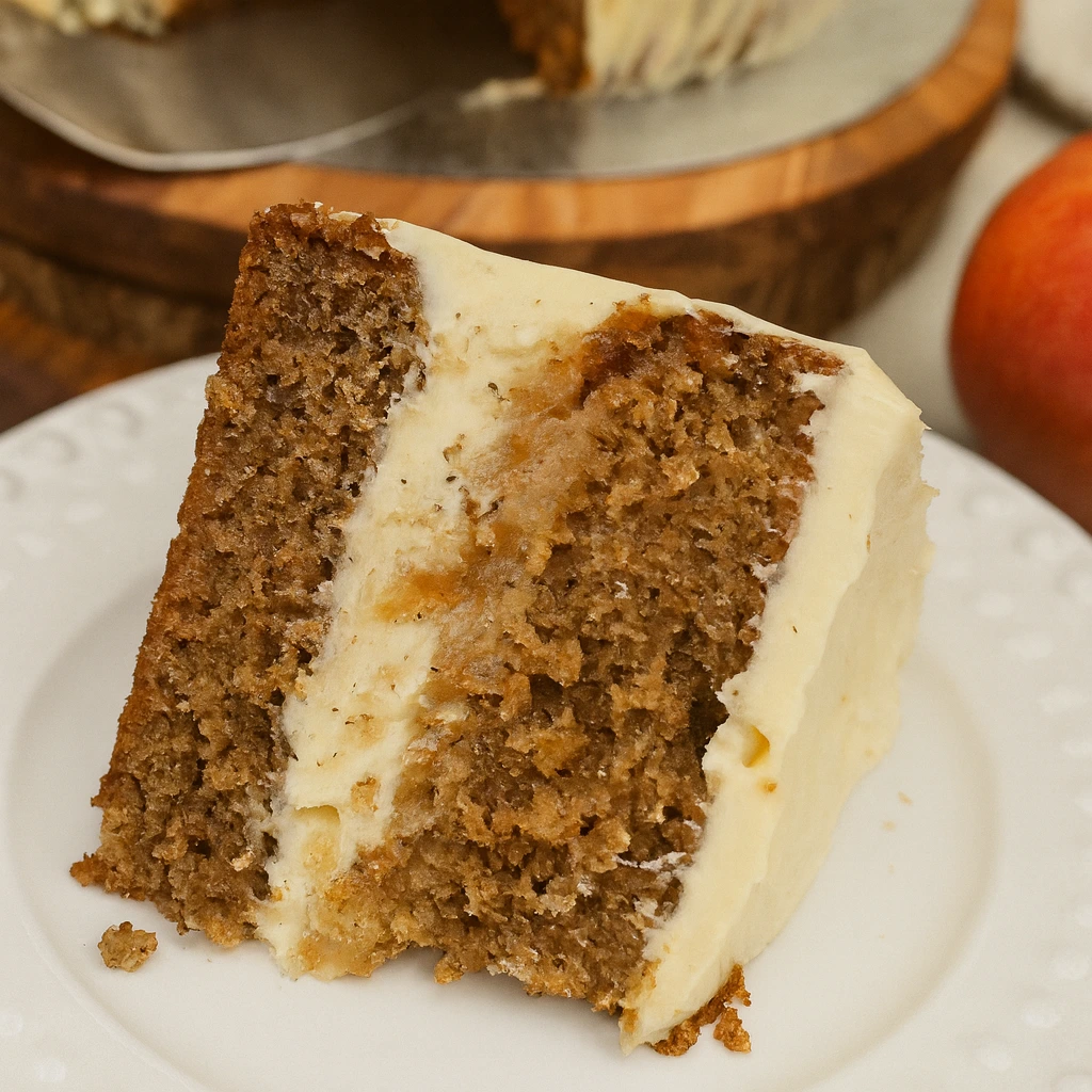 Komad začinjene torte od jabuka s kremom od sira, poslužen na bijelom tanjiru