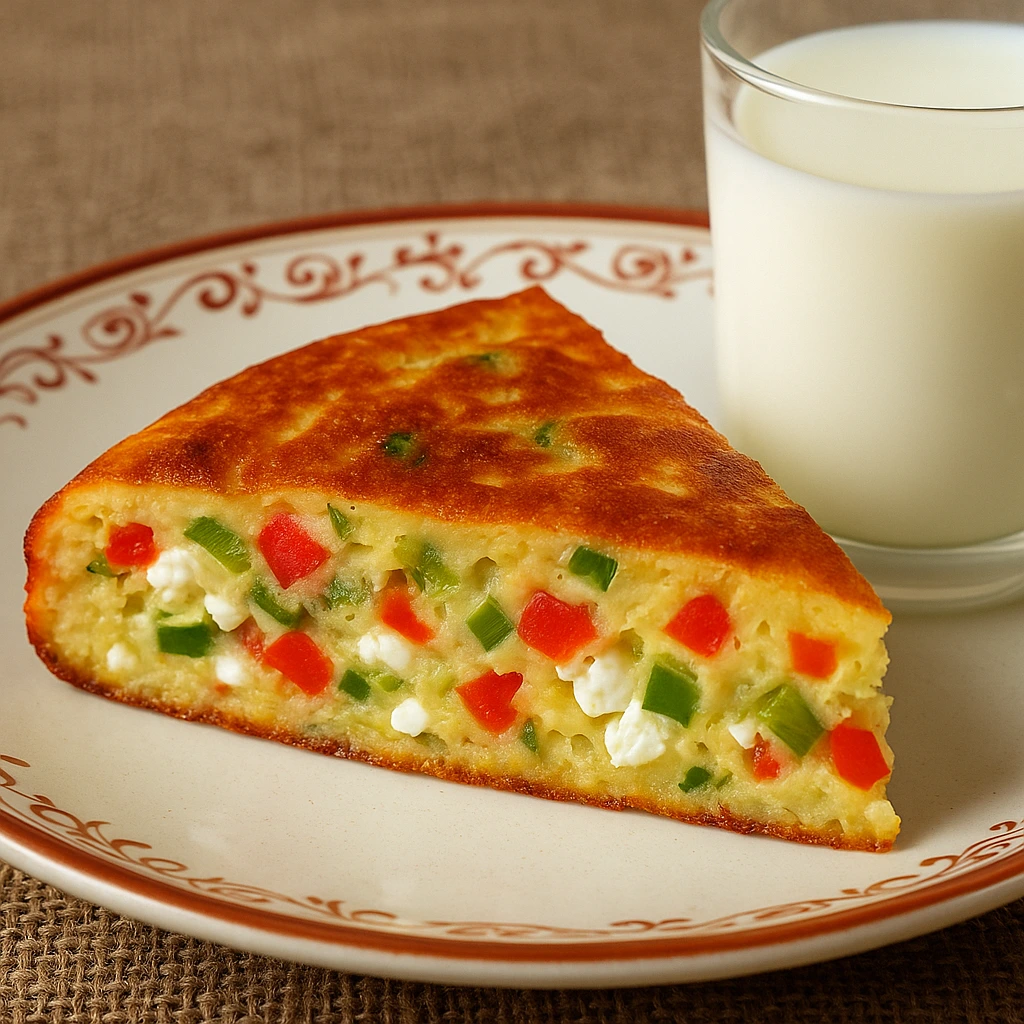 Komad pite iz tave s povrćem i sirom serviran na tradicionalnom tanjuru uz čašu jogurta – domaći recept bez pećnice