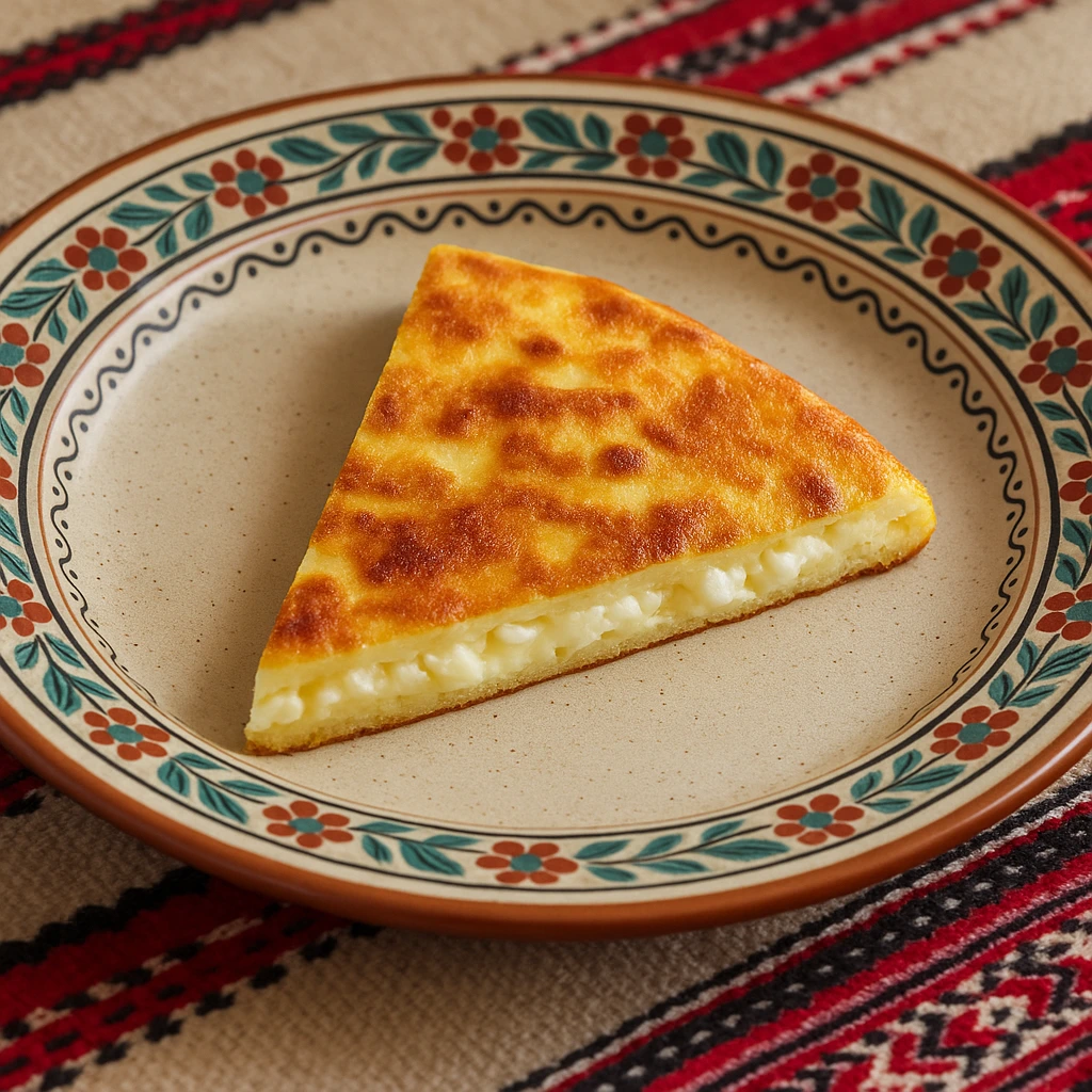 Komad pite iz tave sa sirom serviran na tradicionalnom balkanskom tanjuru – domaća pita bez pećnice