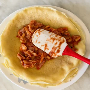 Premazivanje palačinke nadjevom od šunke, sira i umaka pomoću silikonske lopatice