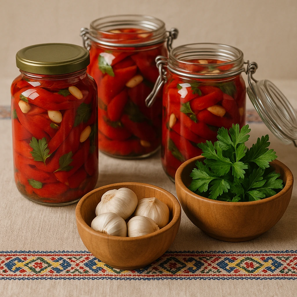 Zimnica od crvenih paprika u staklenim teglama s bijelim lukom i peršunom, servirana u rustikalnoj keramičkoj zdjeli – domaći recept za paprike
