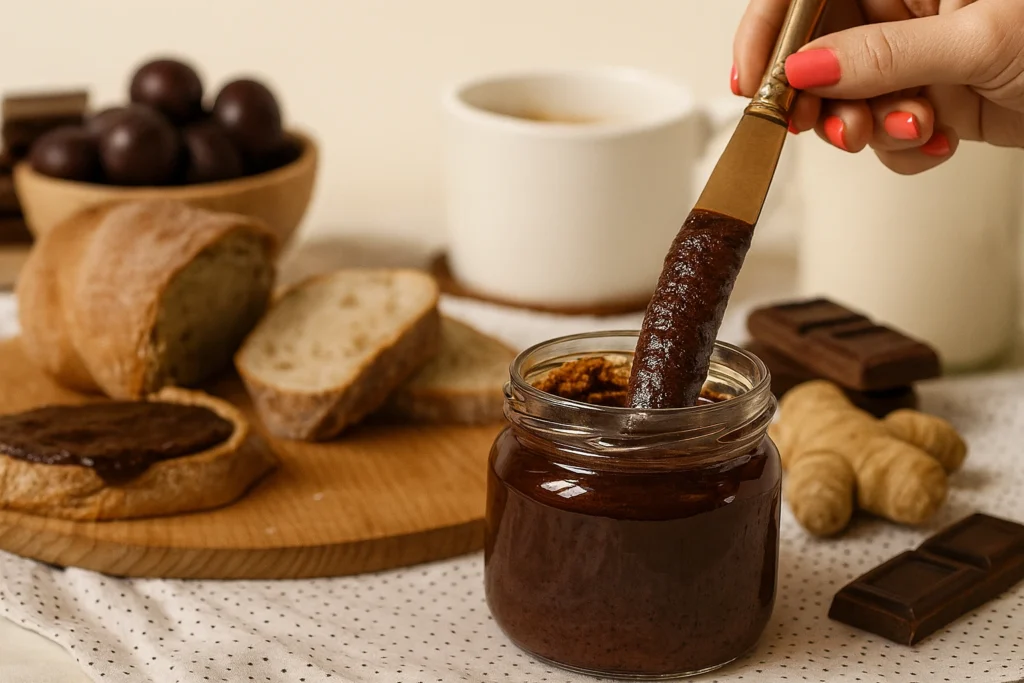 Domaći pekmez od šljiva s čokoladom i đumbirom u tegli, vintage nož za mazanje i rustikalni hljeb u pozadini