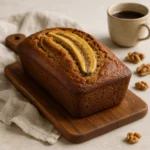 Banana hljeb na rustikalnoj drvenoj dasci, zlatno pečena kora i dekorativna banana na vrhu
