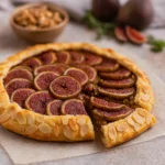 Cijela pečena galette sa smokvama i orasima na papiru za pečenje, s karameliziranim smokvama i bademovim listićima