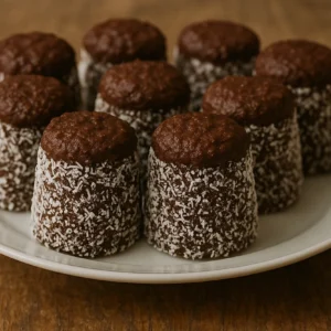 Veganske ruske kape složene na bijelom tanjiru, premazani čokoladnim kremom i posuti kokosom, prikazani na drvenom stolu.