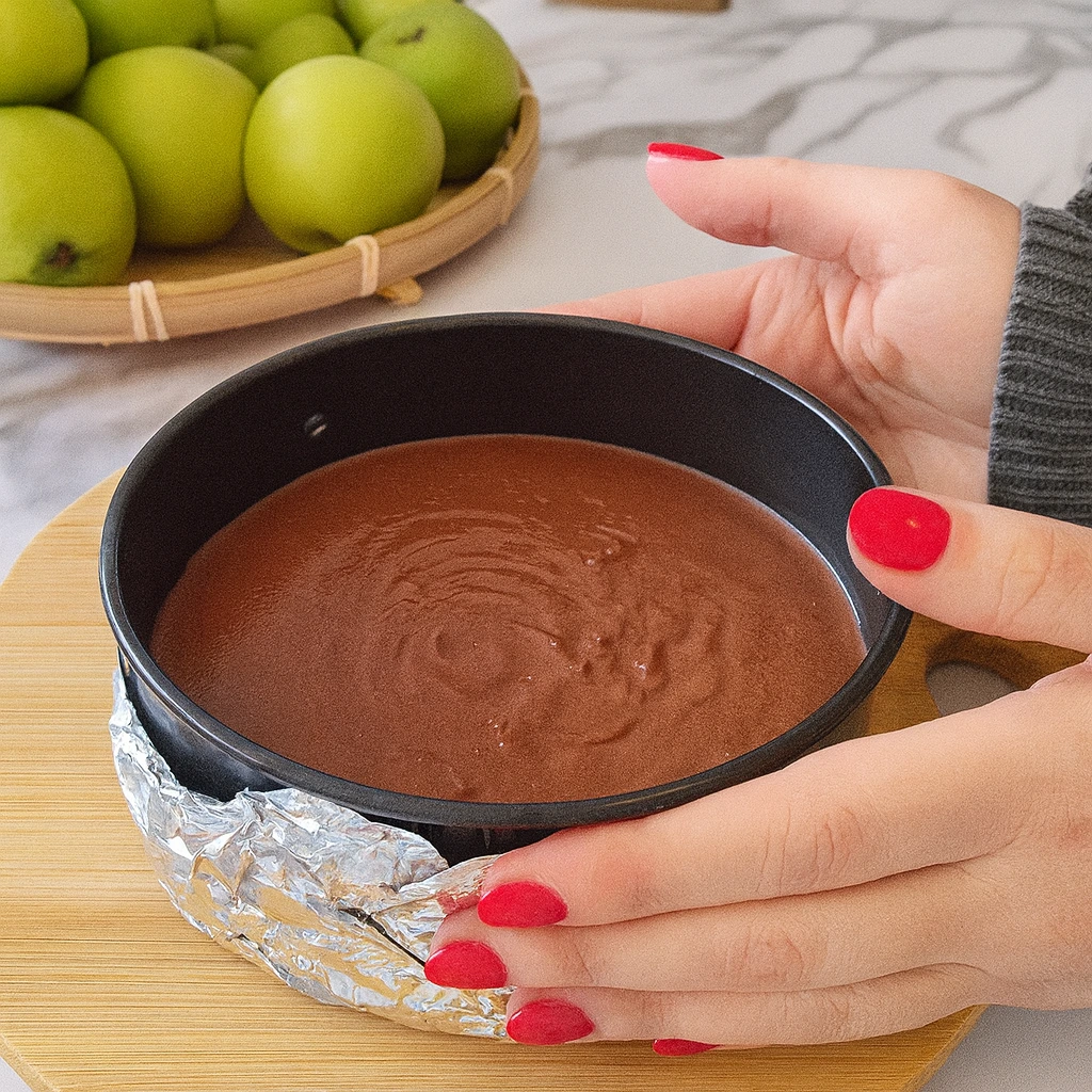 Ruke s crvenim lakom drže kalup s čokoladnom smjesom mousse torte umotan u foliju, u pozadini zelene jabuke