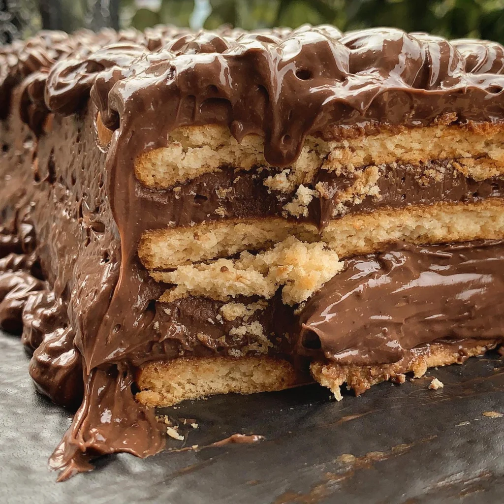 Detaljan presjek čokoladne torte s vidljivim slojevima keksa i bogatom kremom od čokolade, prikazan izbliza na tamnom tanjuru - čokoladna torta sa plazmom.