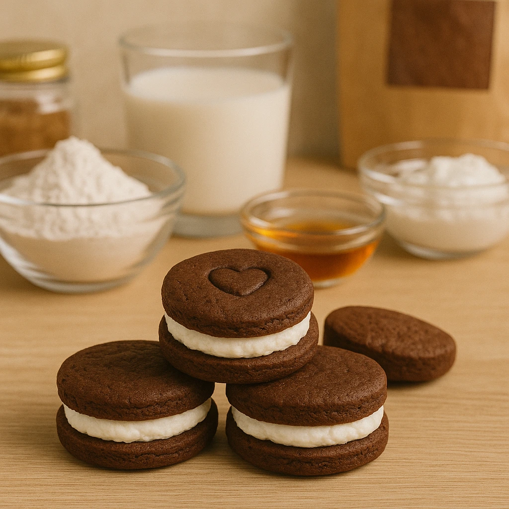 Realistična fotografija Fit Oreo keksića u prvom planu, dok su u pozadini prikazani sastojci poput pirovog brašna, kakaa, kokosovog ulja i bademovog mlijeka.