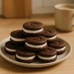 Realistična fotografija domaćih Fit Oreo keksića složenih na bež tanjuriću, s vidljivom kremastom bijelom ispunom i prirodnim svjetlom u kuhinjskom ambijentu.