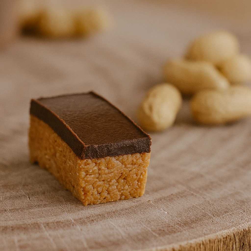 Jedan komad zdrave kikiriki bajadere na drvenoj podlozi s kikirikijem u pozadini, snimljeno u toplom prirodnom svjetlu.