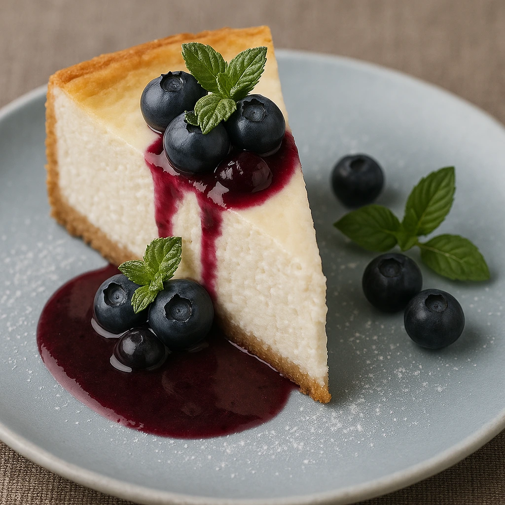 Kremasti komad cheesecakea s borovnicama i sjajnim preljevom od šumskog voća, snimljen iz blizine u prirodnom svjetlu - lagani voćni cheesecake s borovnicama.