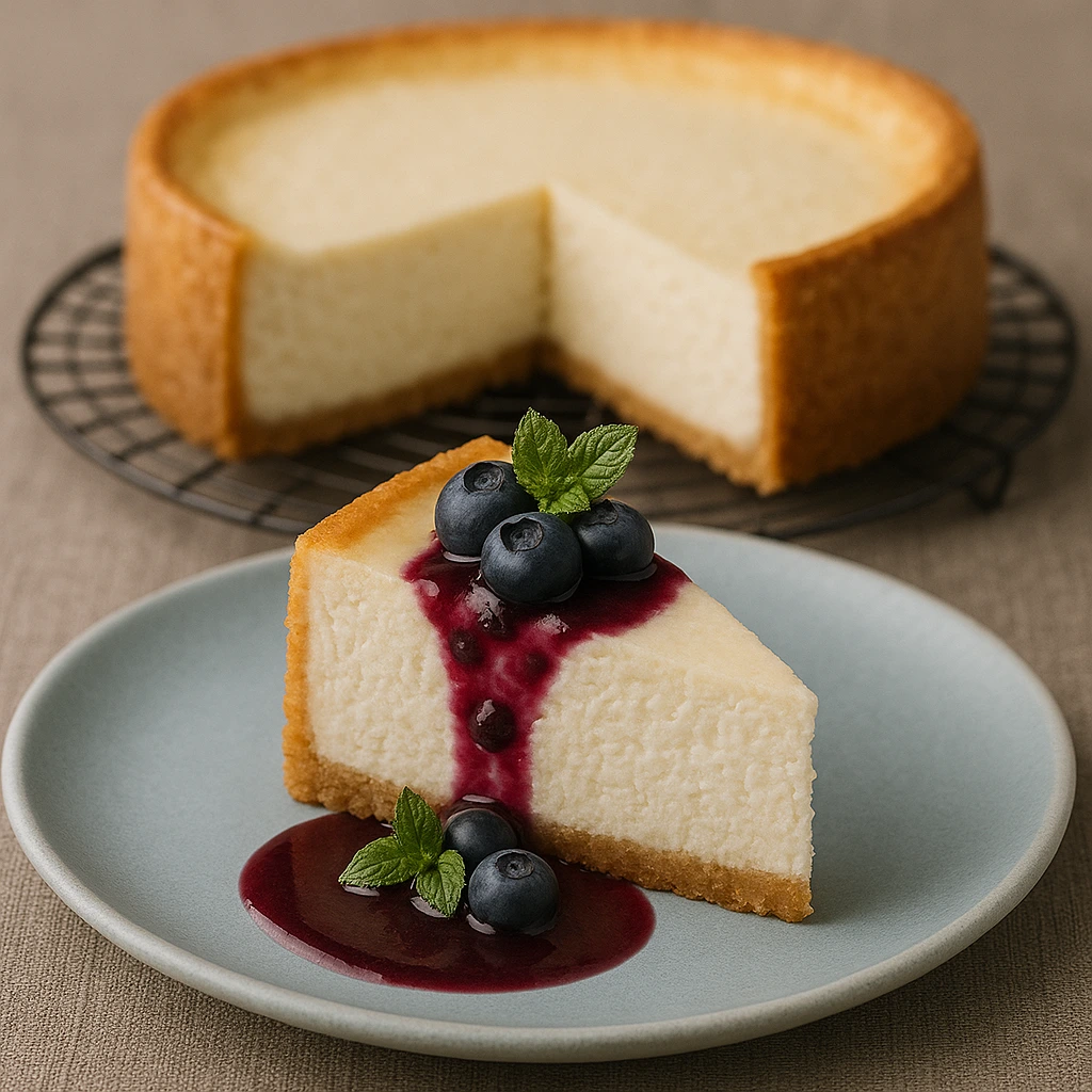 Prirodno poslužen komad cheesecakea s borovnicama i preljevom, u fokusu ispred cijelog kolača u pozadini - lagani voćni cheesecake s borovnicama.