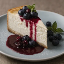 Komad laganog voćnog cheesecakea preliven borovnicama i voćnim umakom, poslužen na svijetloplavom tanjuru s listićem mente