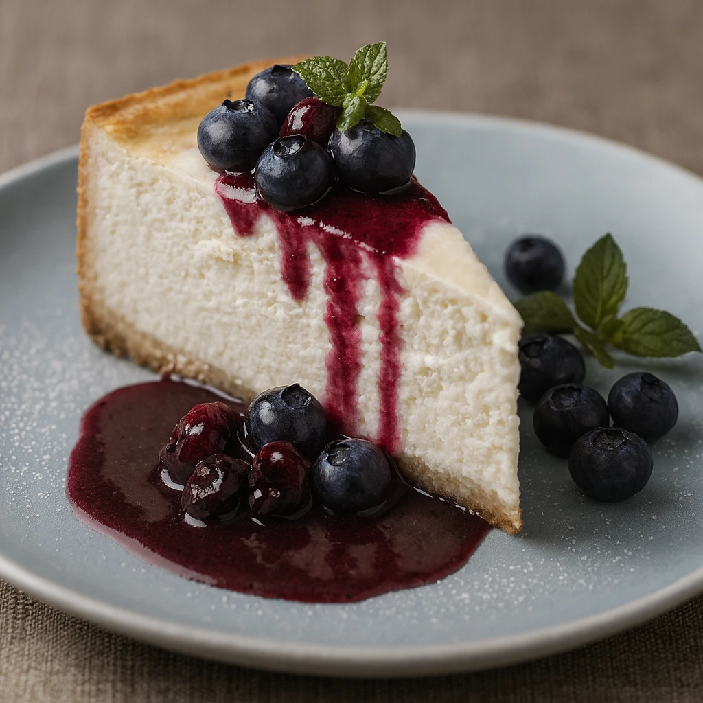 Komad laganog voćnog cheesecakea preliven borovnicama i voćnim umakom, poslužen na svijetloplavom tanjuru s listićem mente