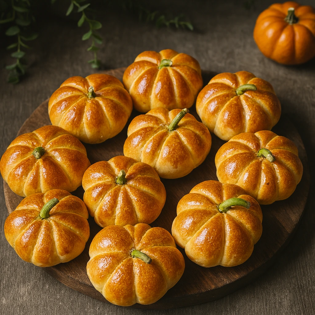Mini pizze u obliku bundeve - Zlatnopečena mini peciva u obliku bundeve, poslagana na drvenu dasku, s nježnim sjajem i detaljima zelene stabljike u pozadini s grančicama.
