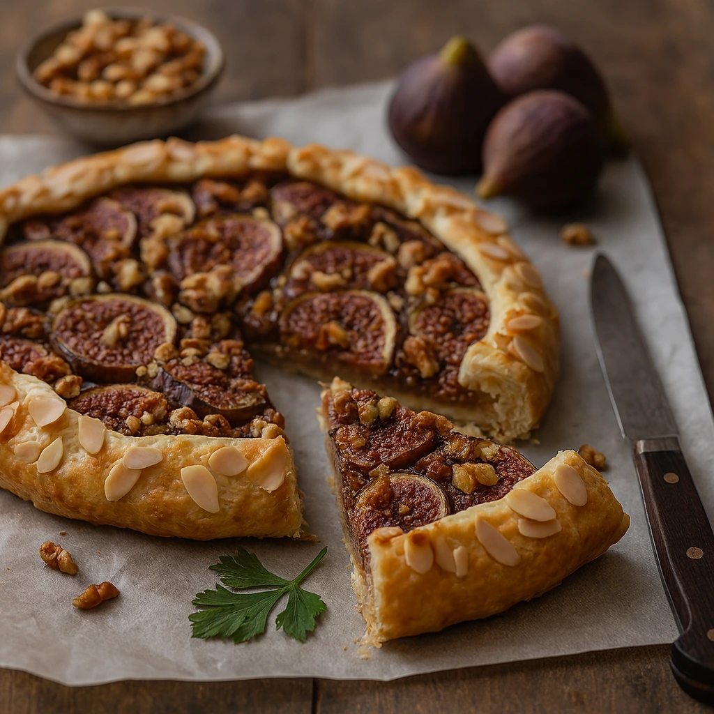 Kriška rustikalne galette sa smokvama i orasima na drvenom stolu, s vidljivim slojevima prhkog tijesta i pečenim smokvama