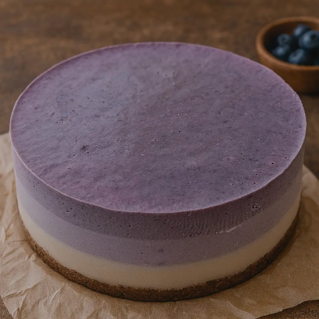 Veganski cheesecake s glatkom površinom i slojevima u ljubičastim tonovima na rustikalnom stolu