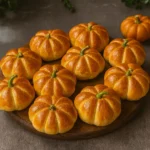 Mini pizze u obliku bundeve - fotografija pečenih mini peciva u obliku bundeve, raspoređenih na drvenoj dasci s toplim svjetlom i blagom sjenom.