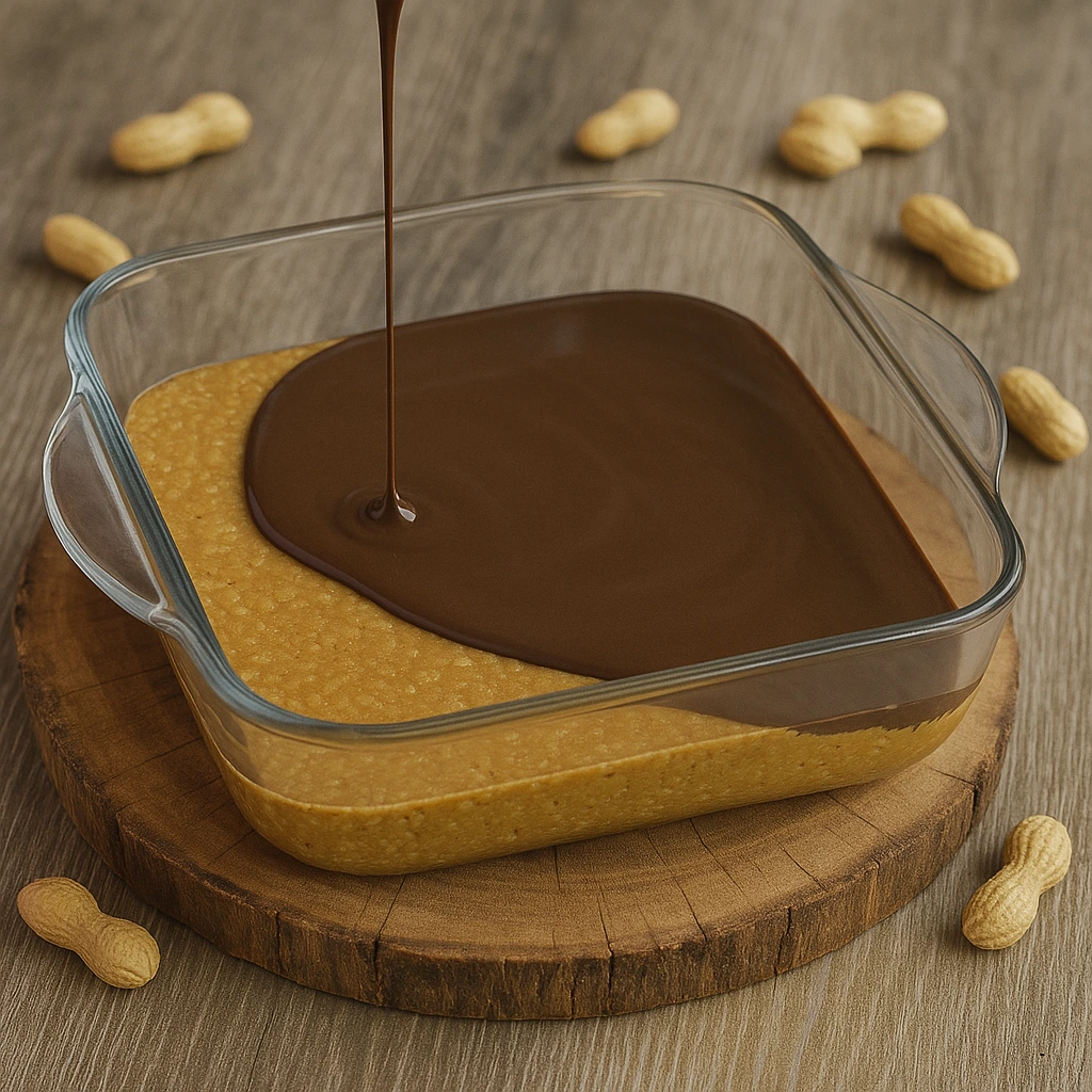 Polivanje rastopljene tamne čokolade preko podloge od kikirikija i zobenih pahuljica u staklenoj posudi, na rustikalnom stolu.