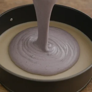 Ljubičasta smjesa od borovnica prelijeva se preko svijetle kreme za cheesecake