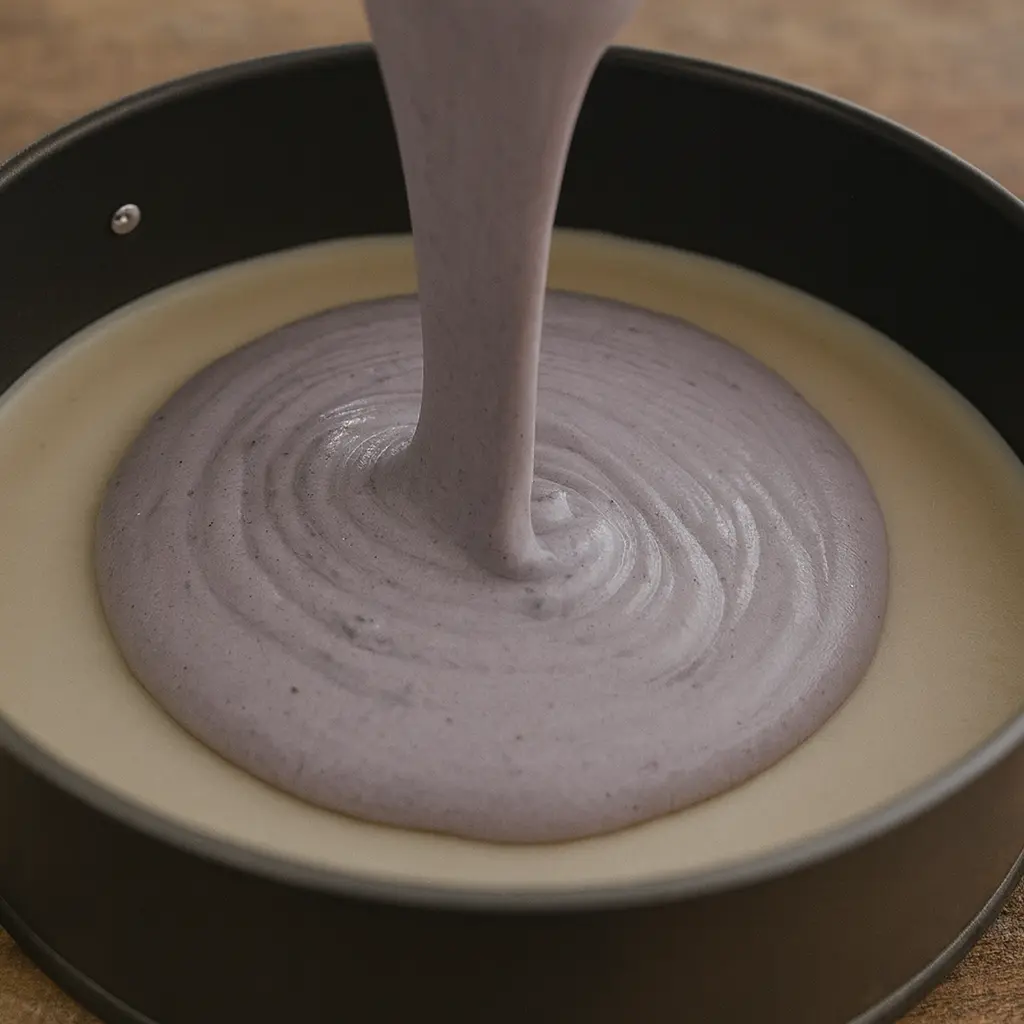 Ljubičasta smjesa od borovnica prelijeva se preko svijetle kreme za cheesecake