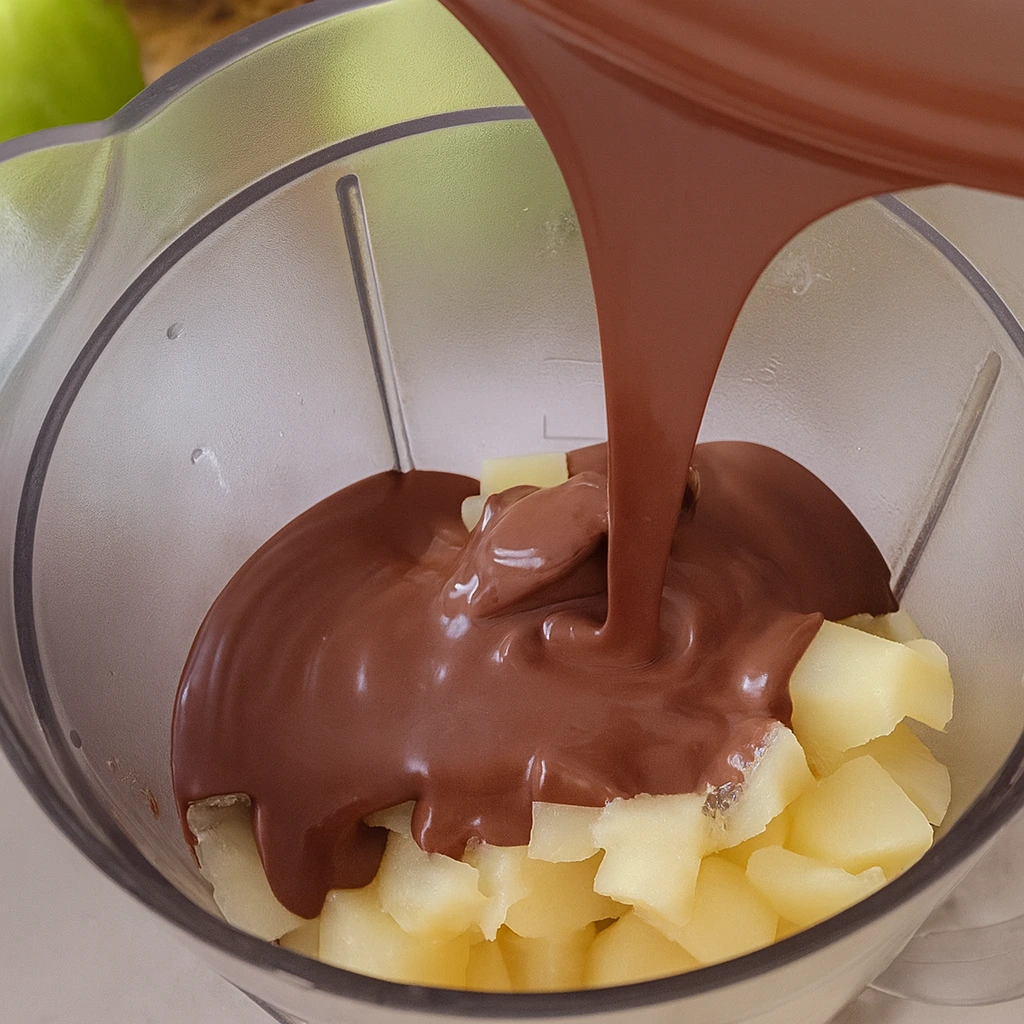Gusti mlaz rastopljene čokolade koja se prelijeva preko komadića jabuka u blenderu, priprema za mousse tortu