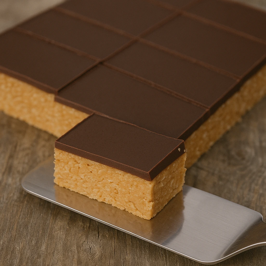 Svježe narezanezdrave kikiriki bajadere s čokoladnim slojem, prikazane na metalnoj lopatici uz refleksiju.