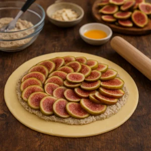 Nepečena galette sa smokvama i orasima na tamnom rustikalnom drvenom stolu, s oklagijom i zdjelom u pozadini