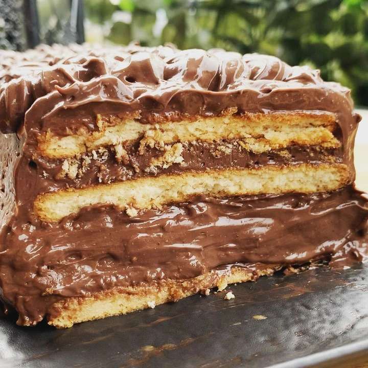 Bočni pogled na tortu s uredno složenim redovima keksa i kremastom čokoladnom ispunom koja se blago prelijeva po rubovima - čokoladna torta sa plazmom.