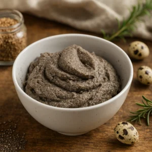 Gusta smjesa od chia sjemenki u bijeloj zdjeli na rustikalnom drvenom stolu