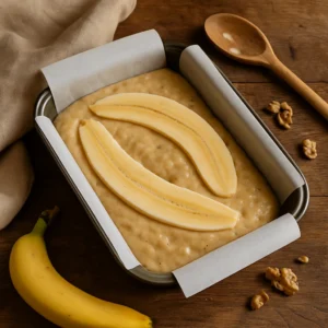 Smjesa za banana hljeb u plehu s dvije polovine banane na vrhu, na rustikalnom stolu uz kuhinjsku kašiku i orahe