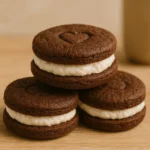 Krupni kadar s tri Fit Oreo keksića s bijelim punjenjem, prikazanih u toplom prirodnom svjetlu na drvenoj podlozi.