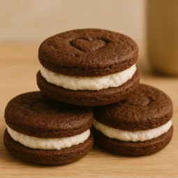 Krupni kadar s tri Fit Oreo keksića s bijelim punjenjem, prikazanih u toplom prirodnom svjetlu na drvenoj podlozi.