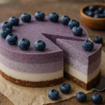 Kriška veganskog cheesecakea s borovnicama odvojena od torte na rustikalnom stolu