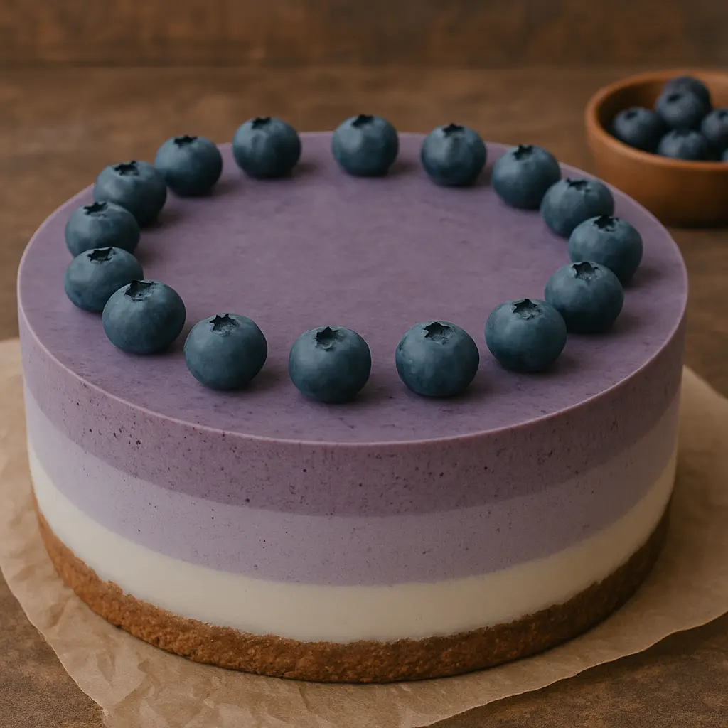 Veganski cheesecake s borovnicama raspoređenim u krug po vrhu, na rustikalnom stolu