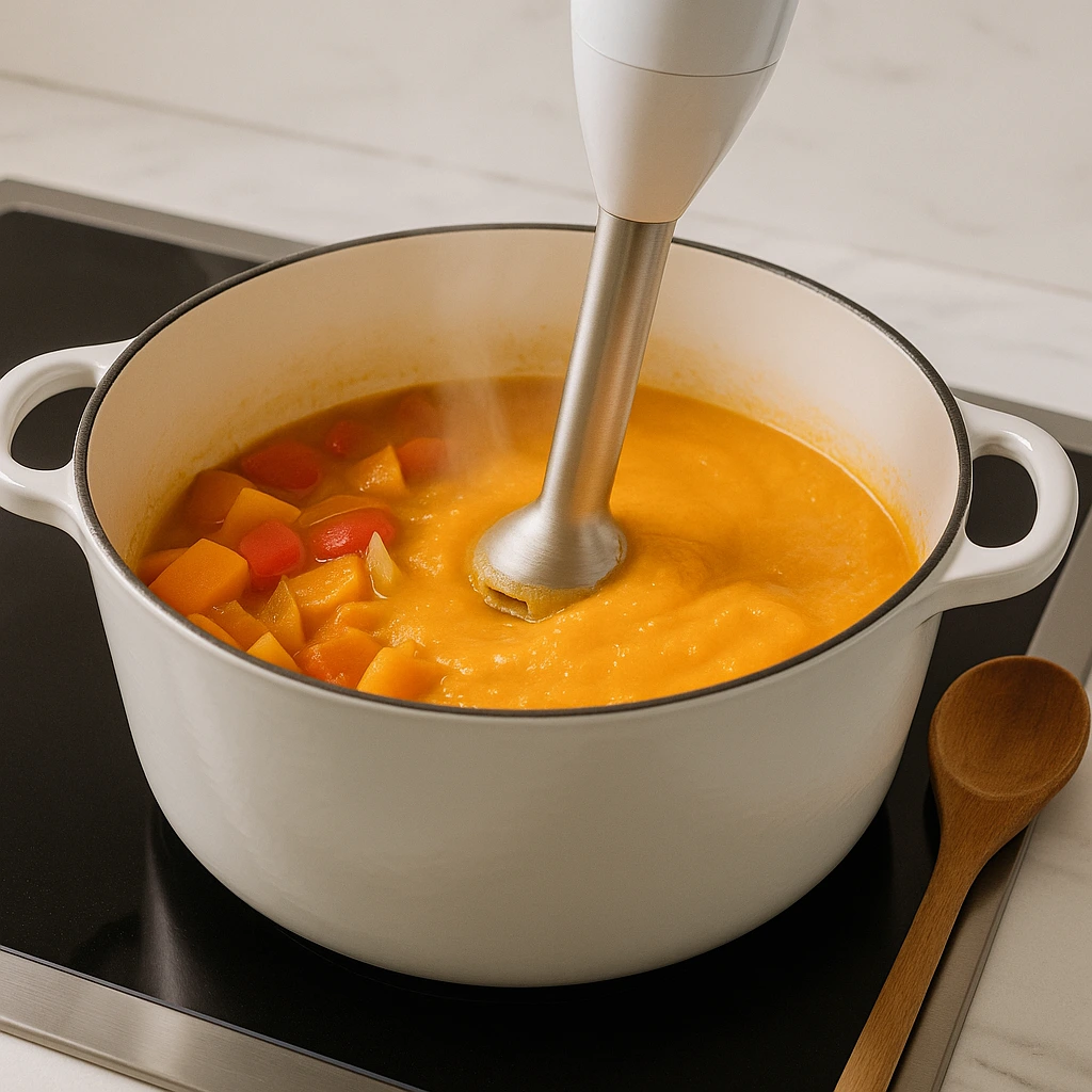 Ruka koristi štapni mikser za blendanje kuhane bundeve, luka i paprike u bijelom loncu na ploči dok se diže blaga para i stvara glatka tekstura juhe.