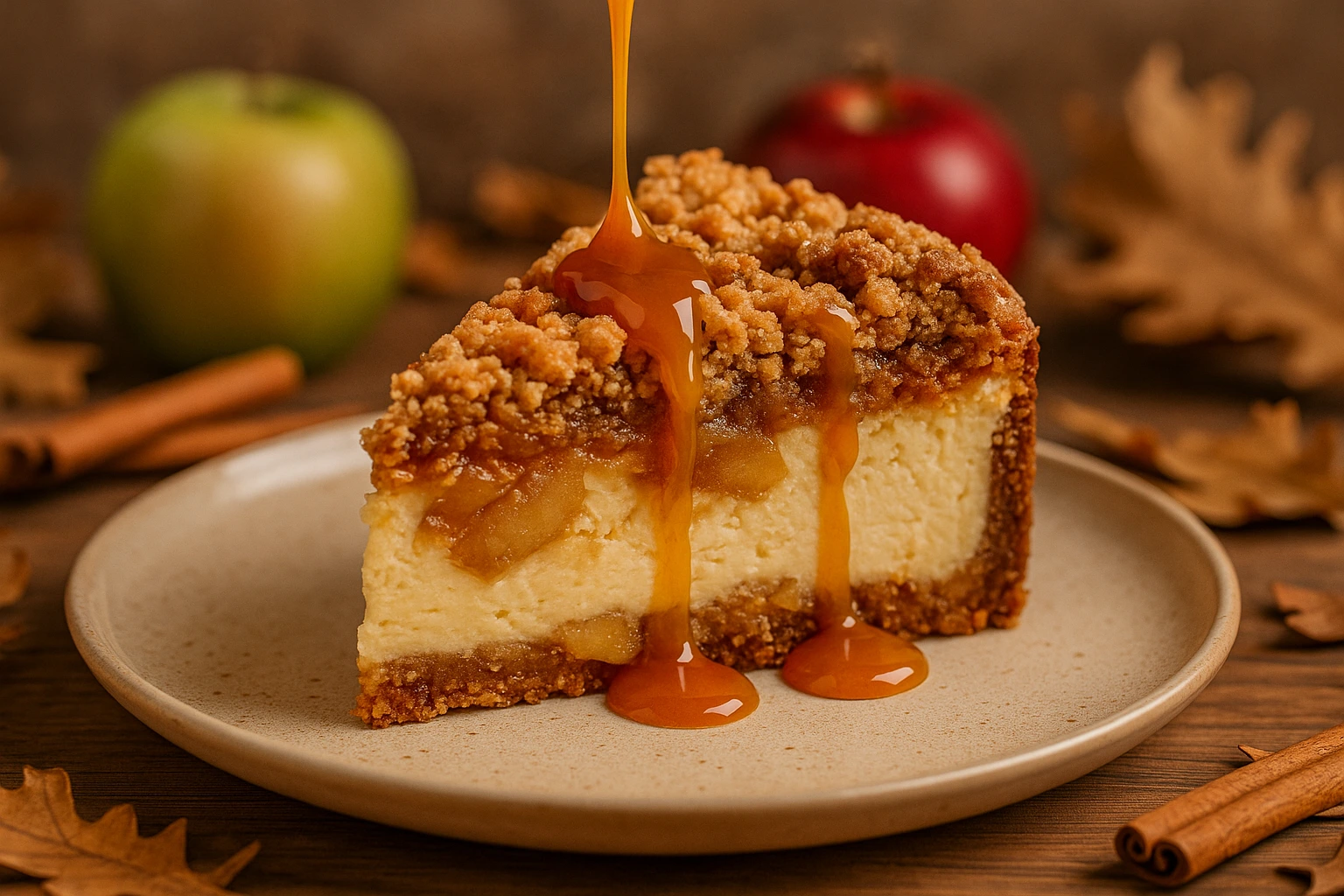 Crumble Cheesecake od jabuka preliven karamel preljevom na rustikalnom tanjuru u jesenskom ambijentu s jabukama i cimetom u pozadini