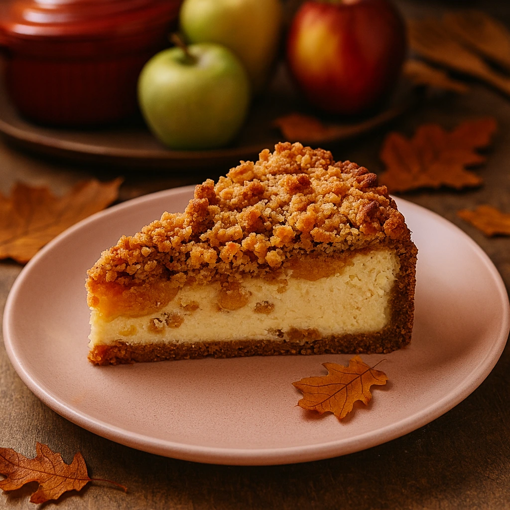 Kriška crumble cheesecakea od jabuka na ružičastom tanjuru s hrskavim posipom u jesenskom ambijentu