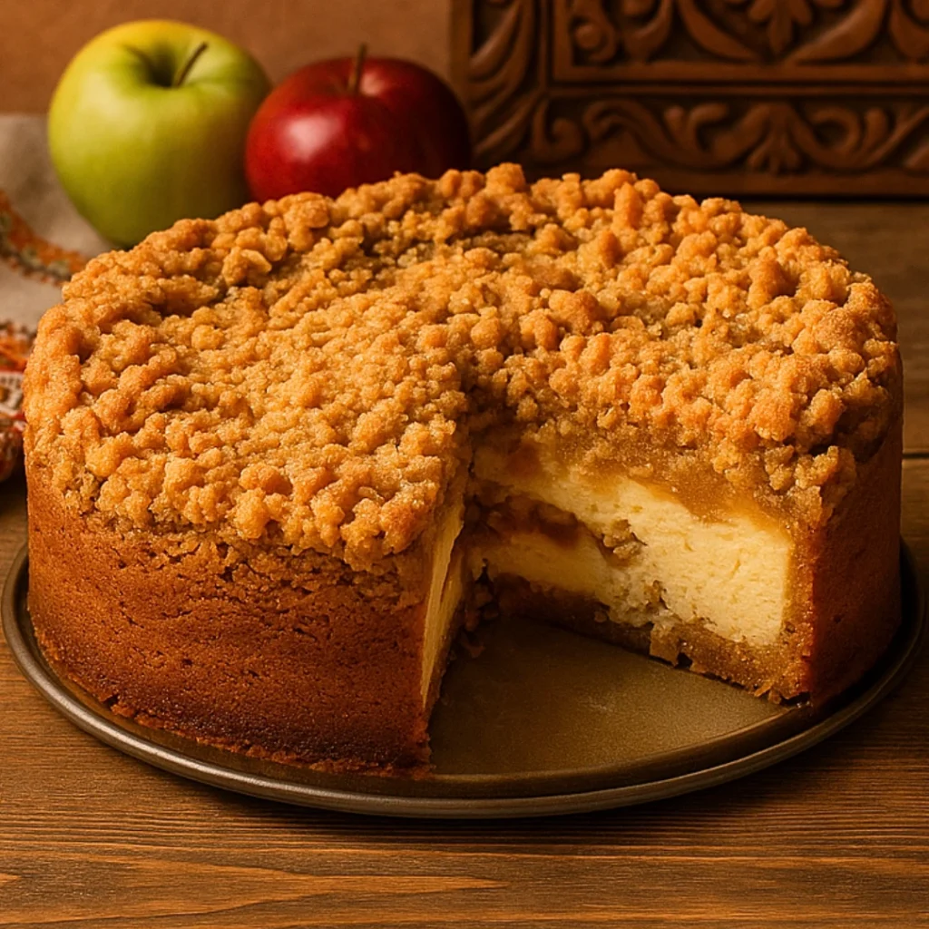 Crumble cheesecake od jabuka serviran u rustikalnom balkanskom ambijentu s hrskavim posipom i jesenskom atmosferom
