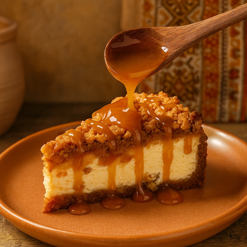 Komad crumble cheesecakea od jabuka preliven karamelom na keramičkom tanjuru u jesenskom balkanskom ambijentu