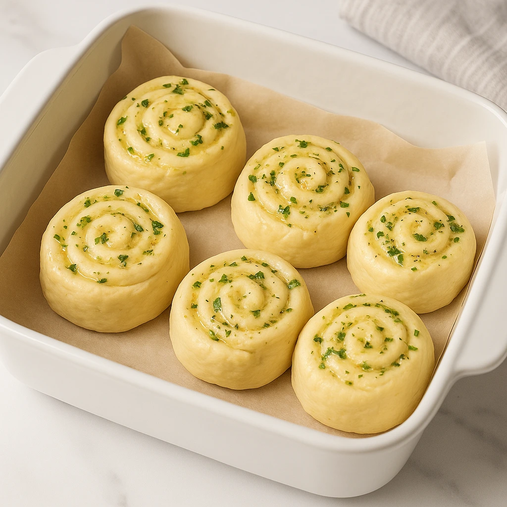 Nepečene rolice složene u bijeloj vatrostalnoj posudi obloženoj papirom za pečenje, spremne za drugo dizanje prije pečenja, u svijetlom kuhinjskom ambijentu.