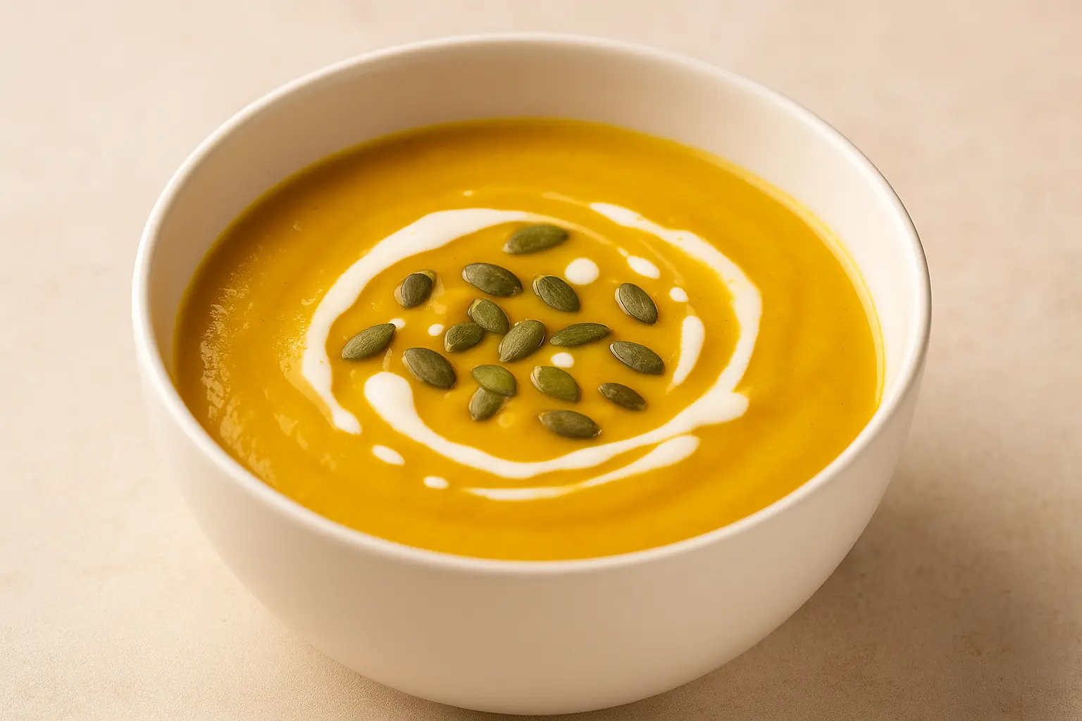 Krem juha od bundeve u bijeloj zdjeli, ukrašena sjemenkama bundeve i kapljicama vrhnja, snimljena u prirodnom svjetlu, savršena za jesenski ručak.