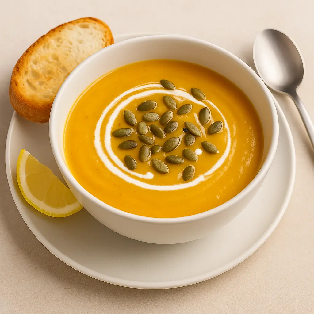 Krem juha od bundeve u bijeloj zdjeli na tanjuru, uz prepečenu krišku kruha, kriškicu limuna i žlicu sa strane, fotografirano u prirodnom svjetlu.