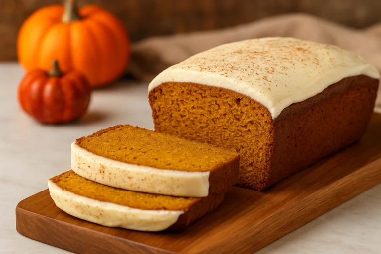 Kruh od bundeve s krem sirom poslužen na drvenom pladnju s dvije narezane kriške u krupnom planu, posut cimetom i okružen toplim jesenskim detaljima u prirodnom svjetlu.