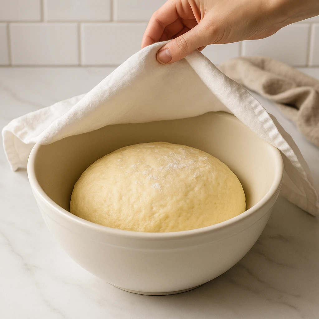 Prikaz glatkog tijesta koje se odmara u zdjeli, prekriveno čistom kuhinjskom krpom prije dizanja, na svijetloj kuhinjskoj podlozi.
