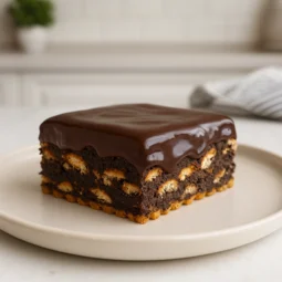 Sočan mozaik kolač s keksom i čokoladnim ganache preljevom poslužen na tanjuru u svijetloj kuhinji, profesionalna food fotografija bez pečenja.